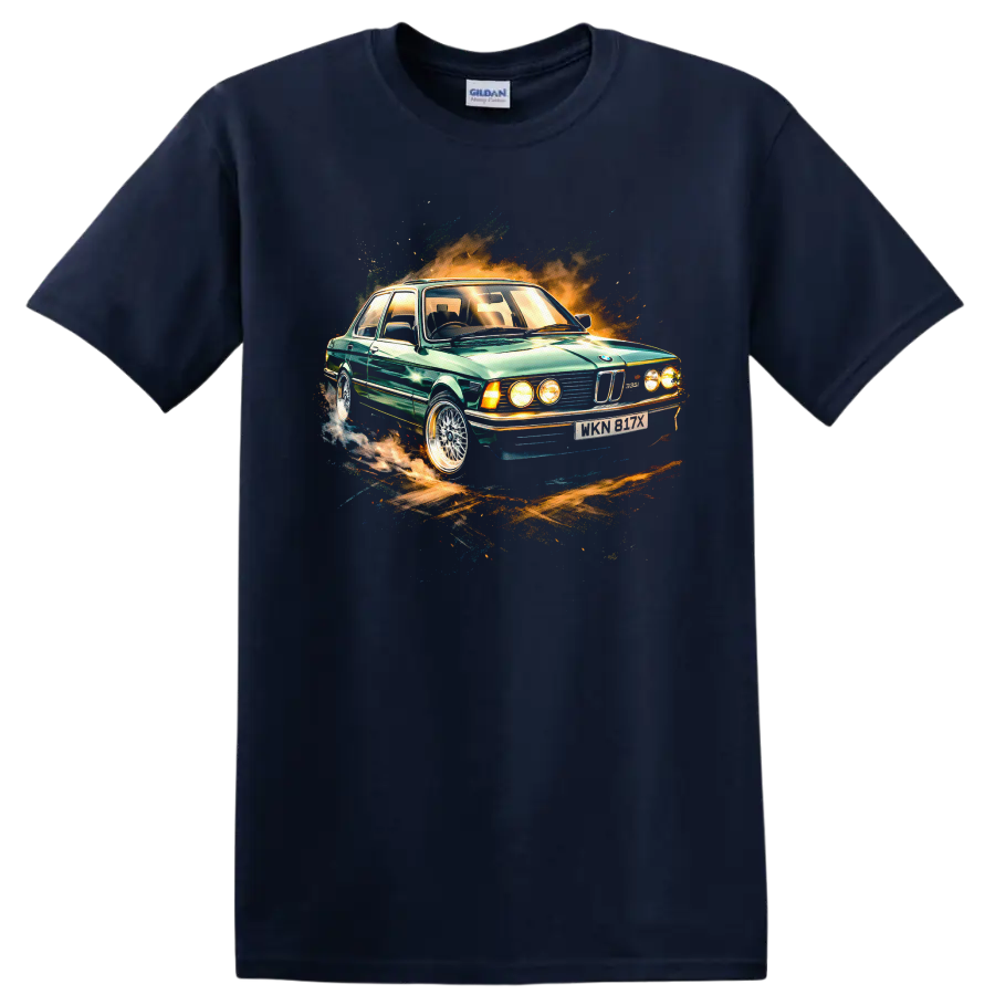 BMW E21 Alpina green classic car graphic print T shirt on a Navy (Blue) T Shirt