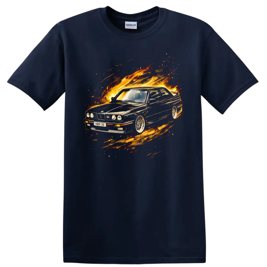 BMW E30 M3 car surrounded by flames and motion streaks graphic T-shirt on a Navy (Blue) T Shirt