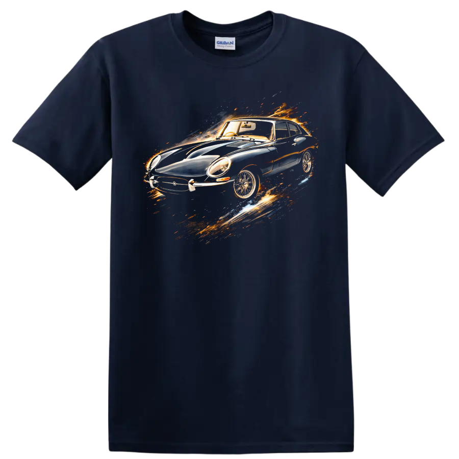Jaguar E-Type Coupe 1963 with fiery motion effect graphic print T-shirt on a Navy (Blue) T Shirt