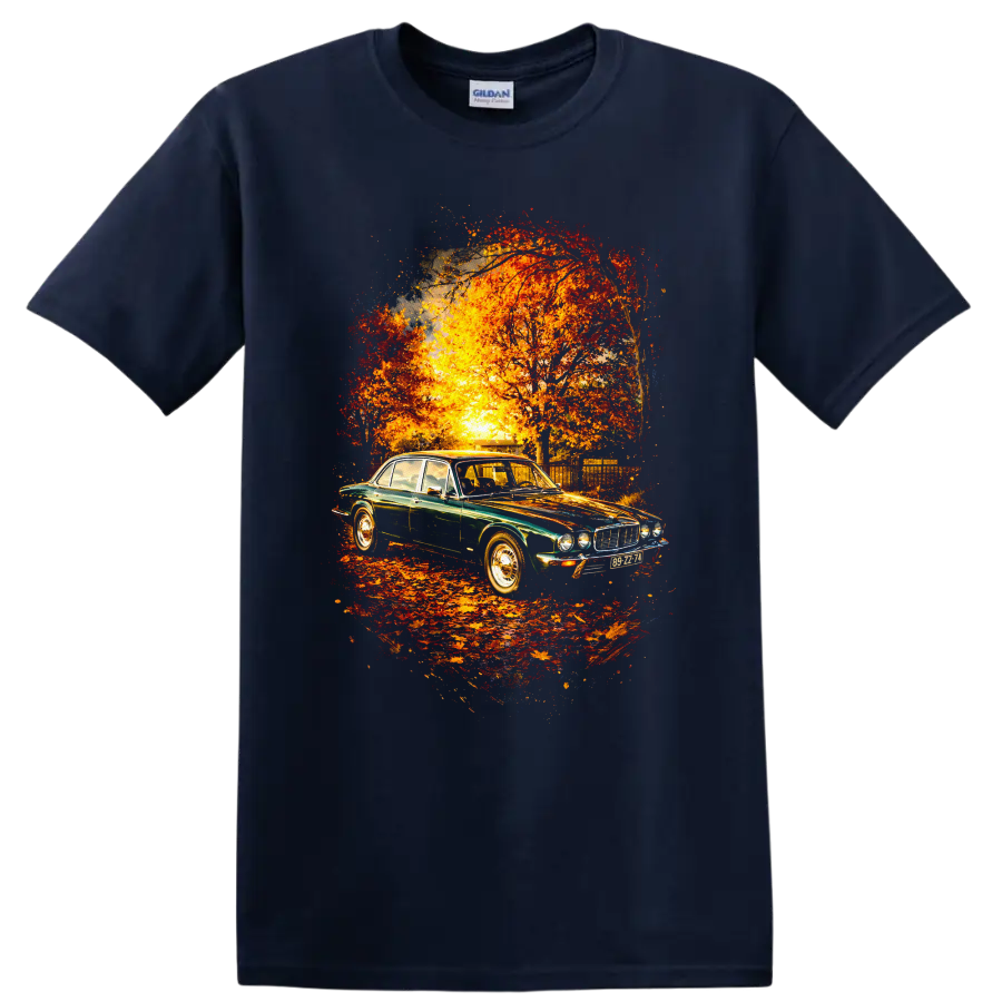 Jaguar XJ old car graphic print with autumn trees and sunset on a Navy (Blue) T Shirt