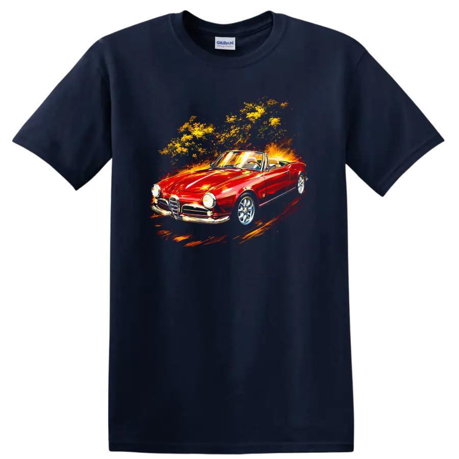 Red Alfa Romeo Giulietta Spider convertible graphic print T Shirt on a Navy (Blue) T Shirt