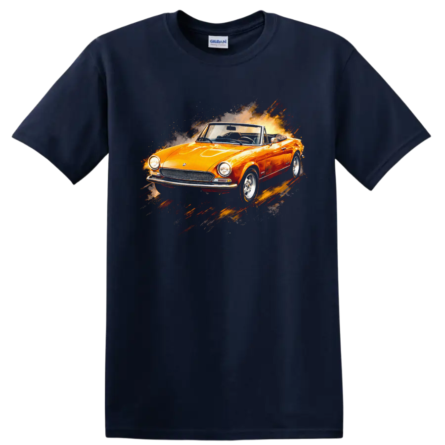 Orange Fiat 124 Sport Spider convertible with splash-style graphic print T shirt on a Navy (Blue) T Shirt