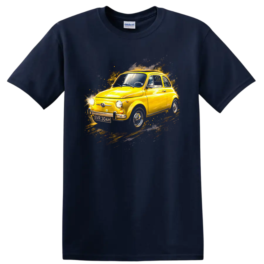 Yellow Fiat 500 classic car with retro splash graphic print T shirt on a Navy (Blue) T Shirt
