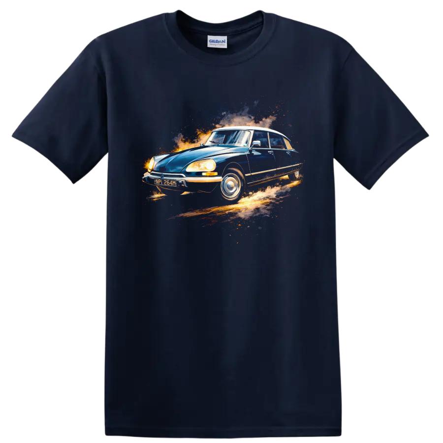 Blue Citroën DS classic car graphic print T shirt on a Navy (Blue) T Shirt