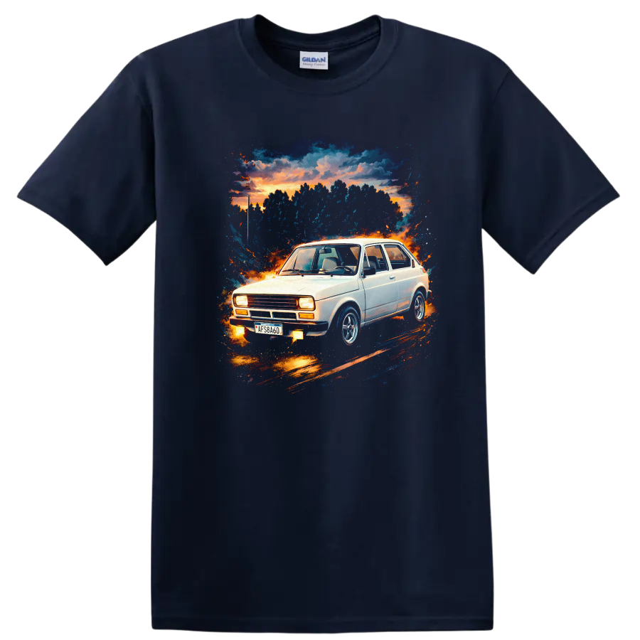 Fiat 147 old car graphic print with sunset and splatter artwork on a T shirt on a Navy (Blue) T Shirt
