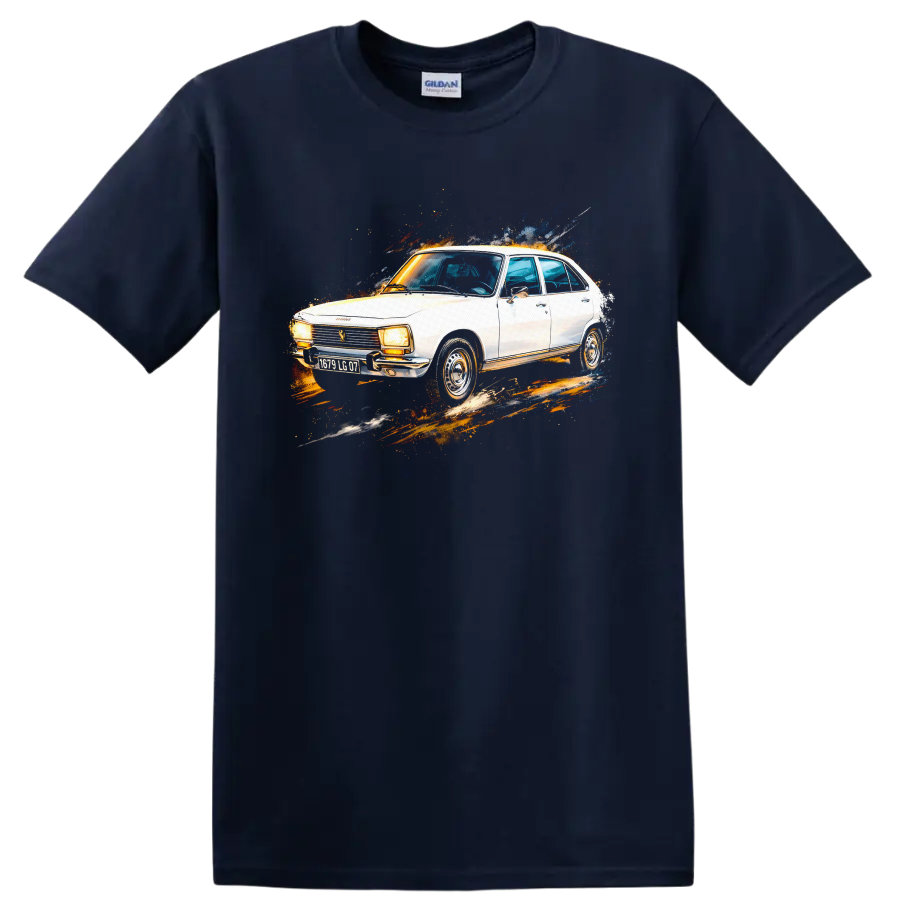 White Peugeot 504 classic car with colorful paint-splash graphic print on a Navy (Blue) T Shirt