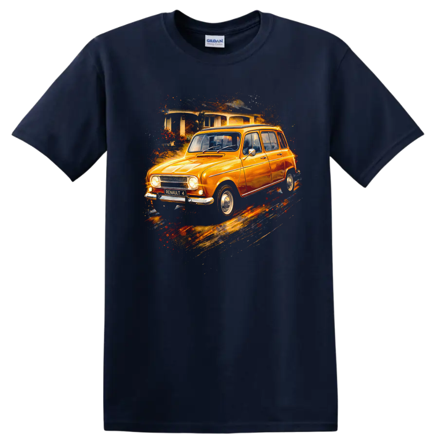Orange Renault 4 classic car graphic print with painterly splash effect on a Navy (Blue) T Shirt