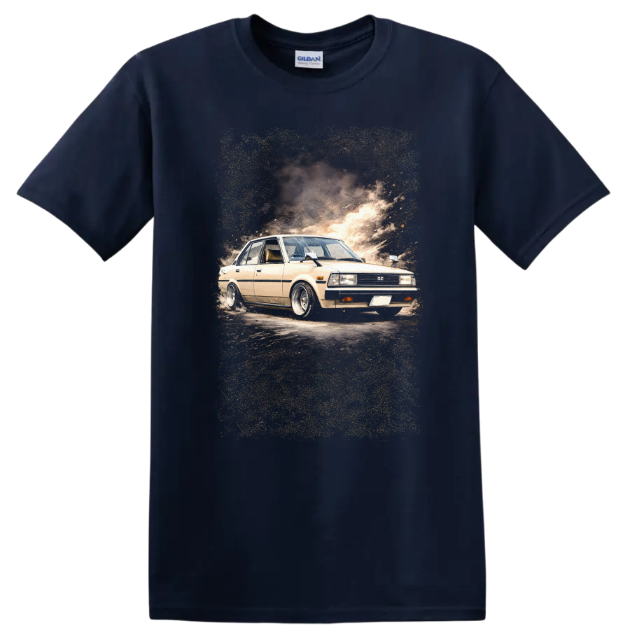Beige Toyota Corolla KE70 old car graphic print with smoky automotive backdrop on a Navy (Blue) T Shirt