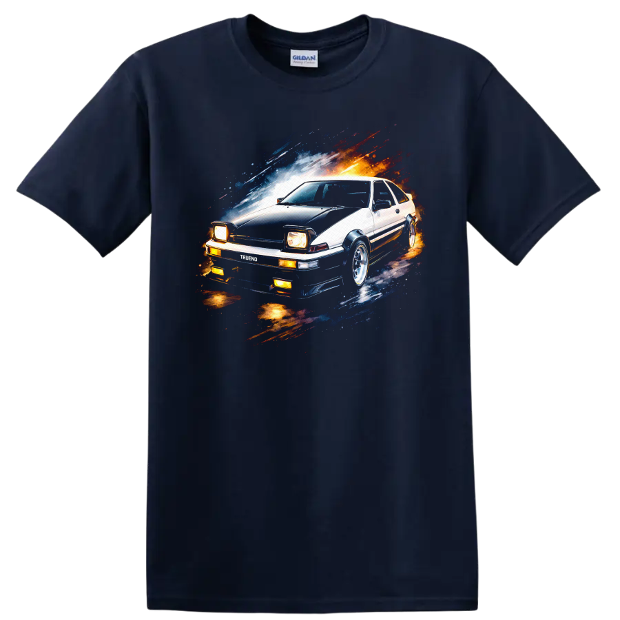 Toyota Sprinter Trueno AE86 car graphic print with racing motion streaks on T shirt on a Navy (Blue) T Shirt