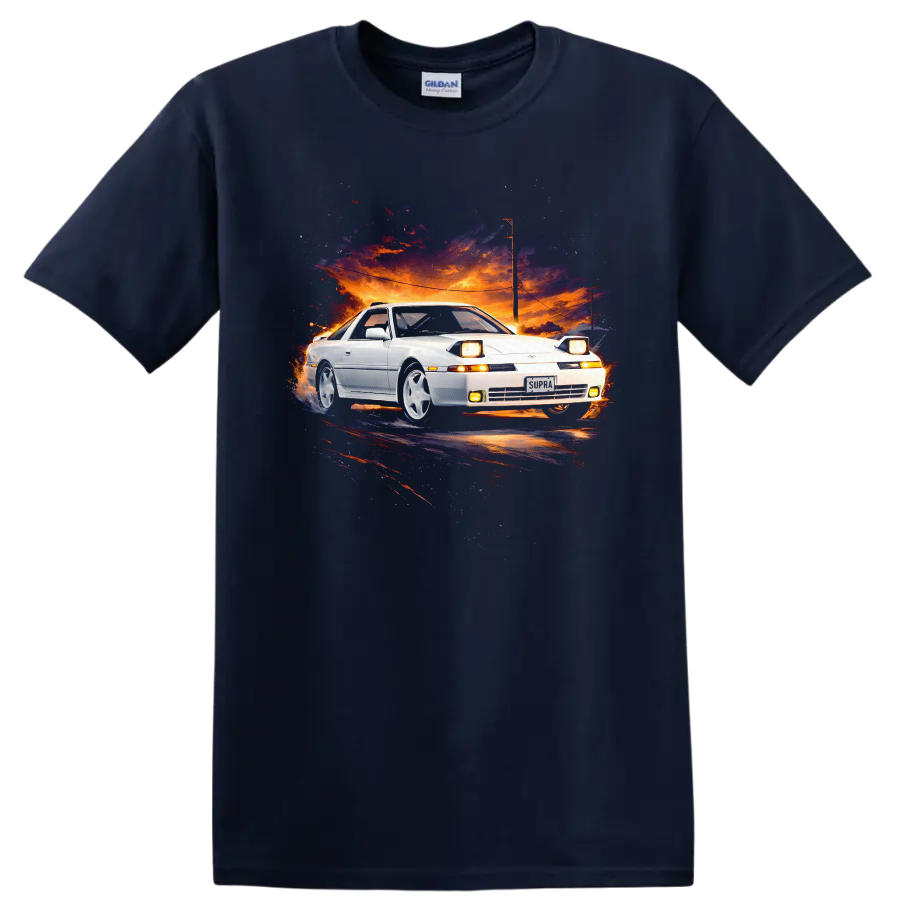 White Toyota Supra MK3 car art on a sunset background graphic T shirt on a Navy (Blue) T Shirt