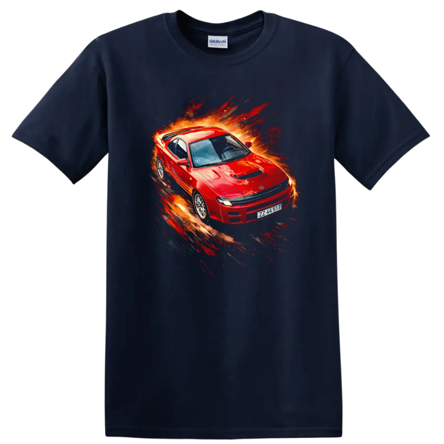 Red Toyota Celica GT-Four RC with explosive motion paint-splash graphic on a black T-shirt on a Navy (Blue) T Shirt