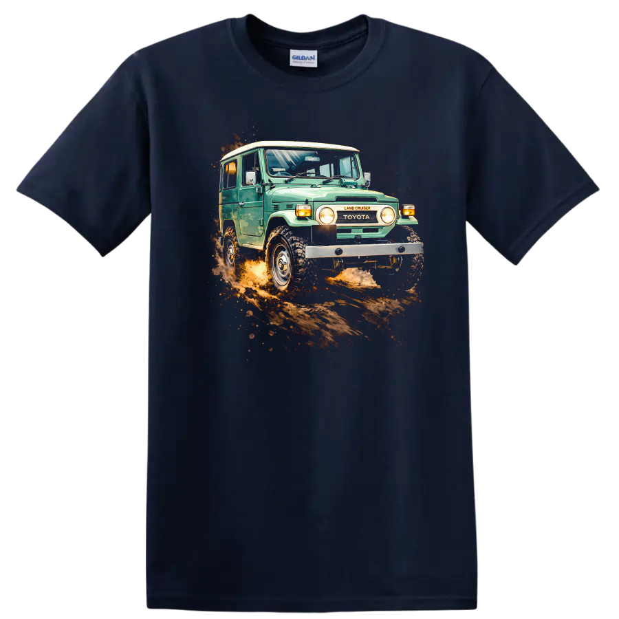 Vintage Toyota Land Cruiser J40 driving through dirt with off-road splash graphic print on a Navy (Blue) T Shirt