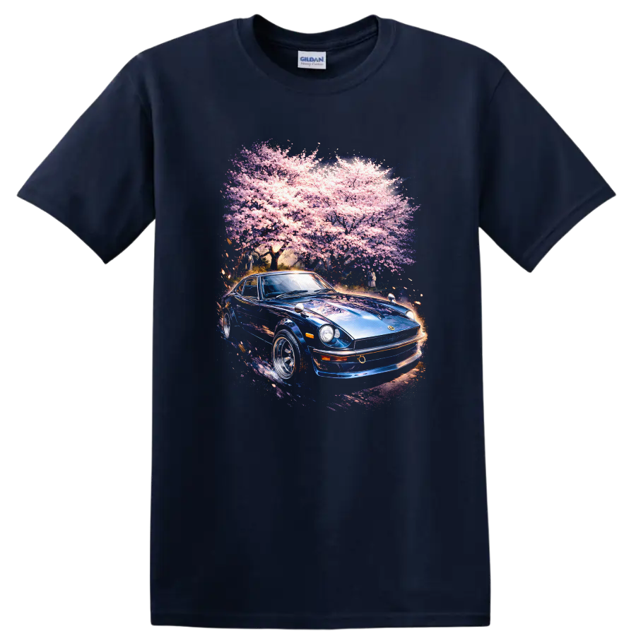 Blue Datsun 240Z under pink cherry blossoms graphic print T Shirt on a Navy (Blue) T Shirt