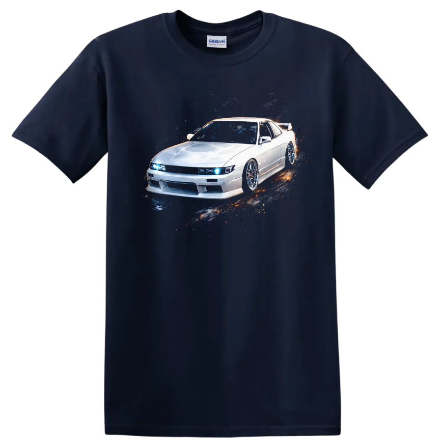 White Nissan Silvia S13 car graphic with blue headlights and pixel splash effect on a Navy (Blue) T Shirt