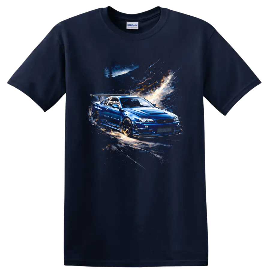 Blue Nissan Skyline GT-R R34 street racing graphic print T shirt on a Navy (Blue) T Shirt