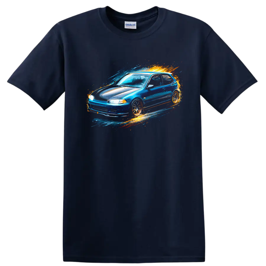 Blue Honda Civic EG hatchback with colorful splash graphic print on a Navy (Blue) T Shirt