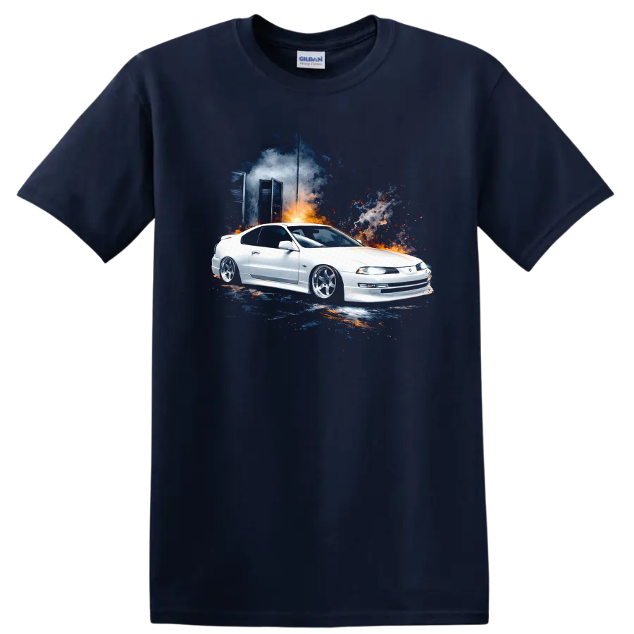 White Honda Prelude with colorful smoke graphic print T shirt on a Navy (Blue) T Shirt