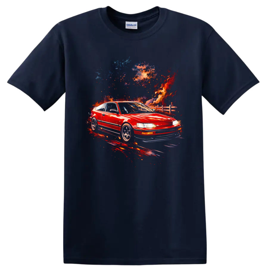 Red Honda CRX VTEC with colorful abstract flames graphic on black T shirt on a Navy (Blue) T Shirt