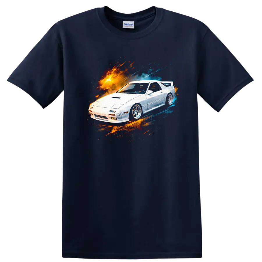 White Mazda RX-7 FC3S with orange and blue paint burst graphic on black on a Navy (Blue) T Shirt