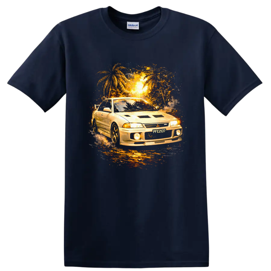 Mitsubishi Lancer Evolution III car graphic with palm trees and glowing sunset on a Navy (Blue) T Shirt