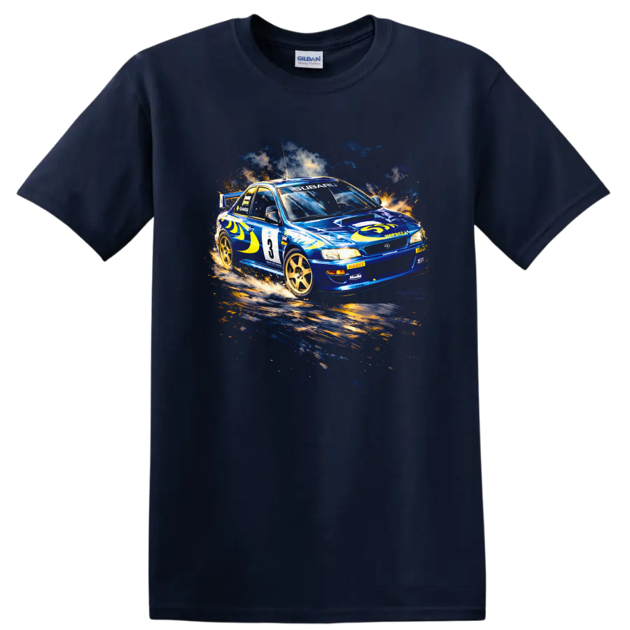 Blue Subaru Impreza WRC rally car graphic print T shirt on a Navy (Blue) T Shirt