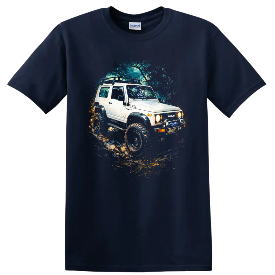 1992 Suzuki Jimny lifted off road SUV graphic print T shirt on a Navy (Blue) T Shirt