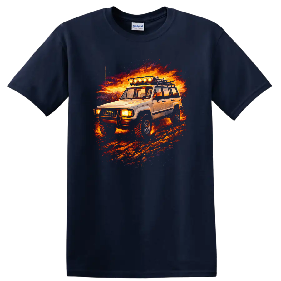 Isuzu Trooper old car graphic print with fiery off road scene on a Navy (Blue) T Shirt