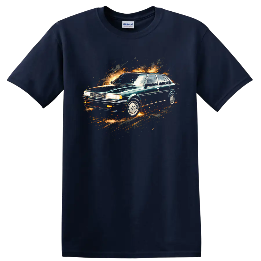 Toyota Camry II sedan graphic print with fiery motion effect on a Navy (Blue) T Shirt