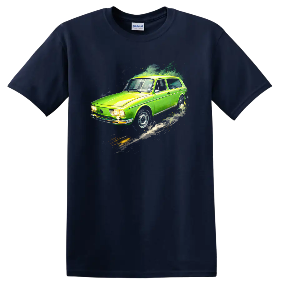 Green Volkswagen Brasília old car graphic print T-shirt on a Navy (Blue) T Shirt