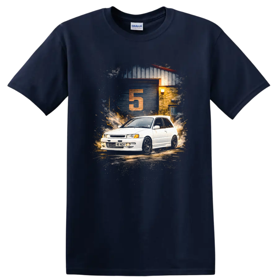 Toyota Starlet GT Turbo graphic print with white hatchback and garage scene on a Navy (Blue) T Shirt