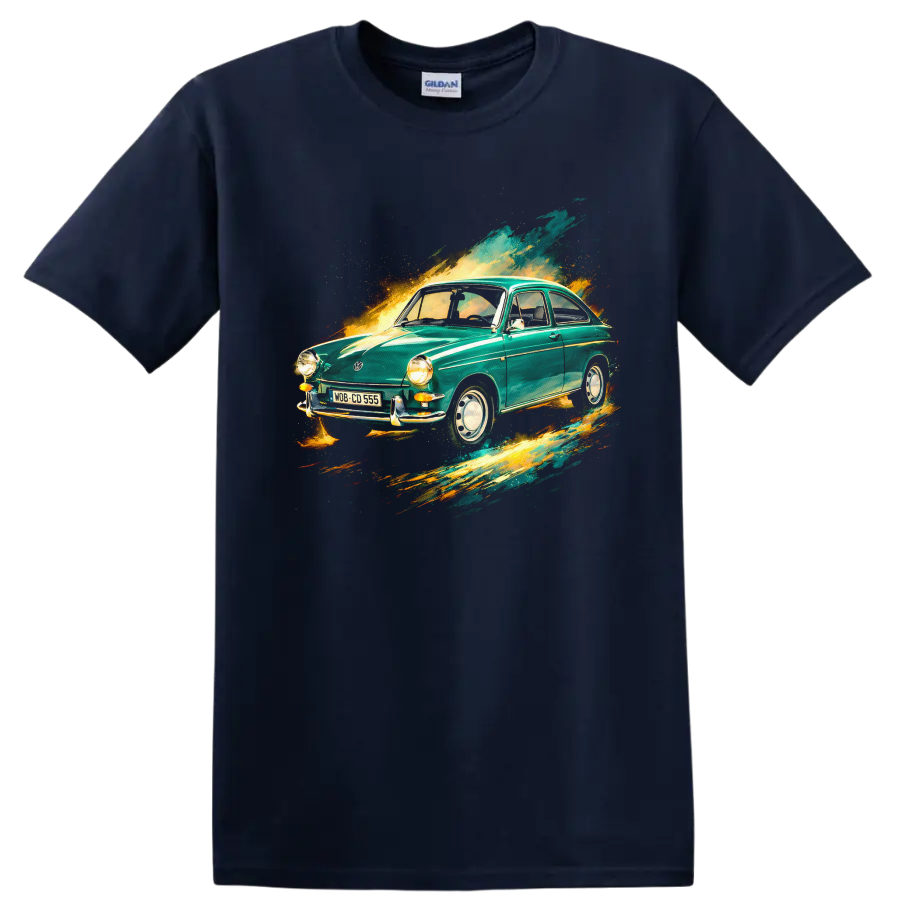 Vintage Volkswagen Type 3 car with colorful paint-splash graphic print T-shirt on a Navy (Blue) T Shirt
