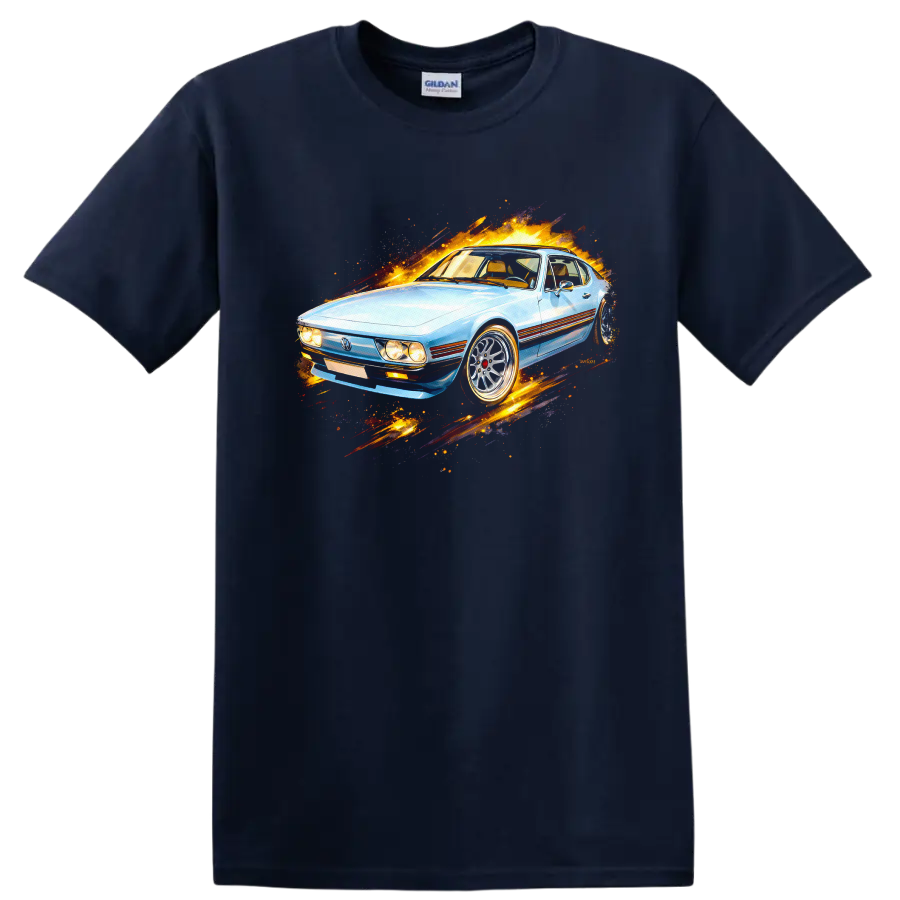Light blue Volkswagen SP2 old car graphic print with fiery motion effects on a Navy (Blue) T Shirt