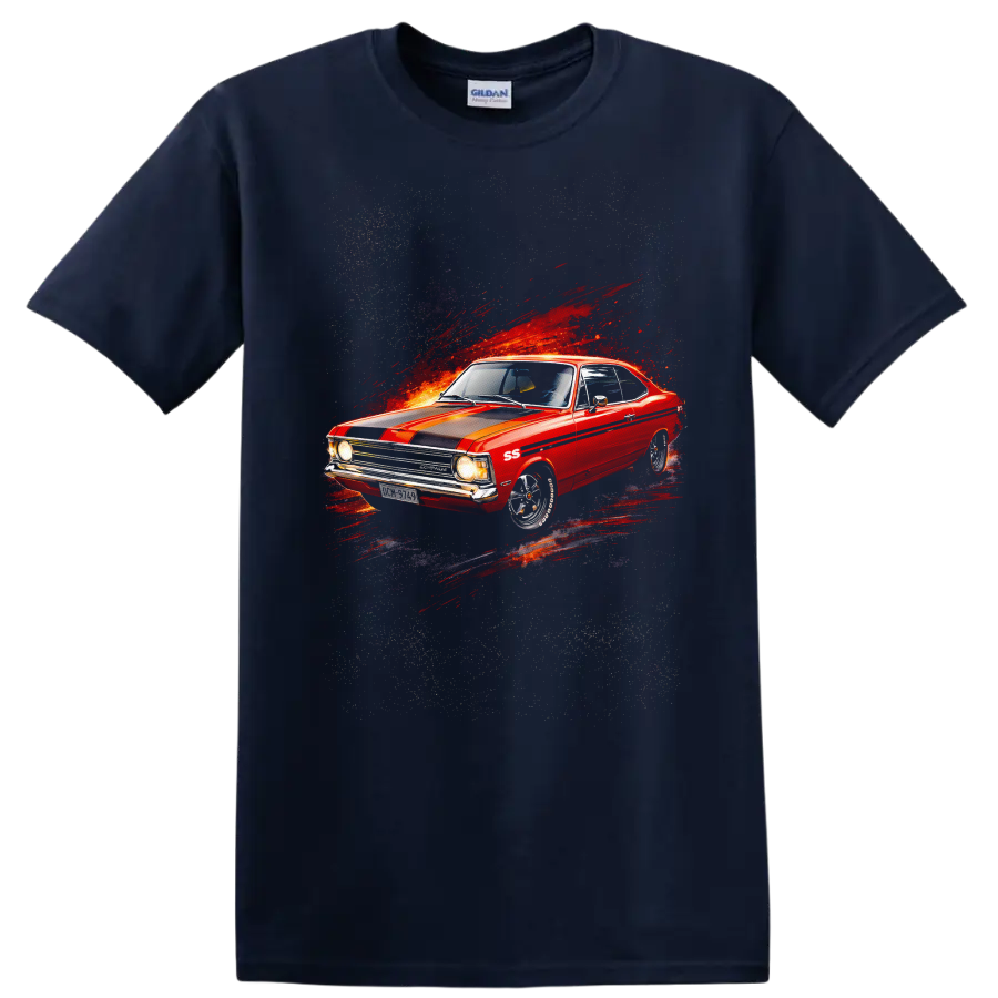 Red Chevrolet Opala SS classic car graphic print T shirt on a Navy (Blue) T Shirt