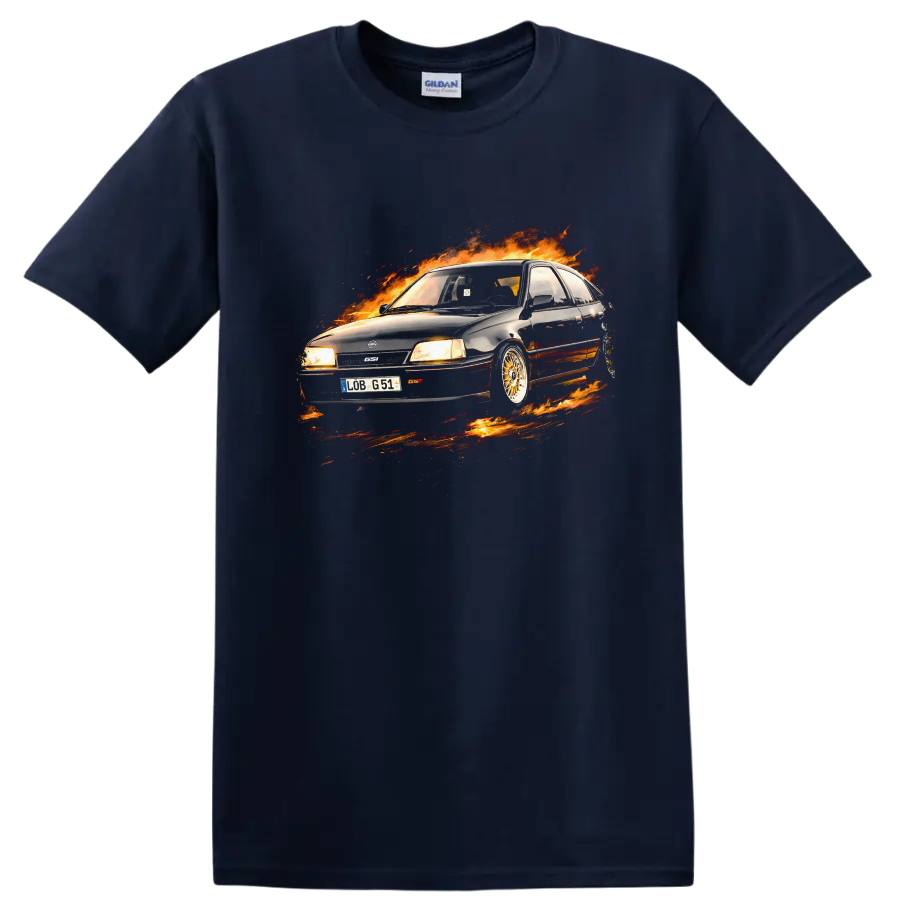Opel Kadett E GSi car surrounded by flames graphic on T shirt on a Navy (Blue) T Shirt