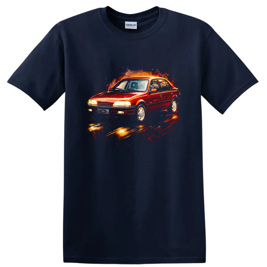 Red Chevrolet Monza old car graphic with fiery burst on a T shirt on a Navy (Blue) T Shirt