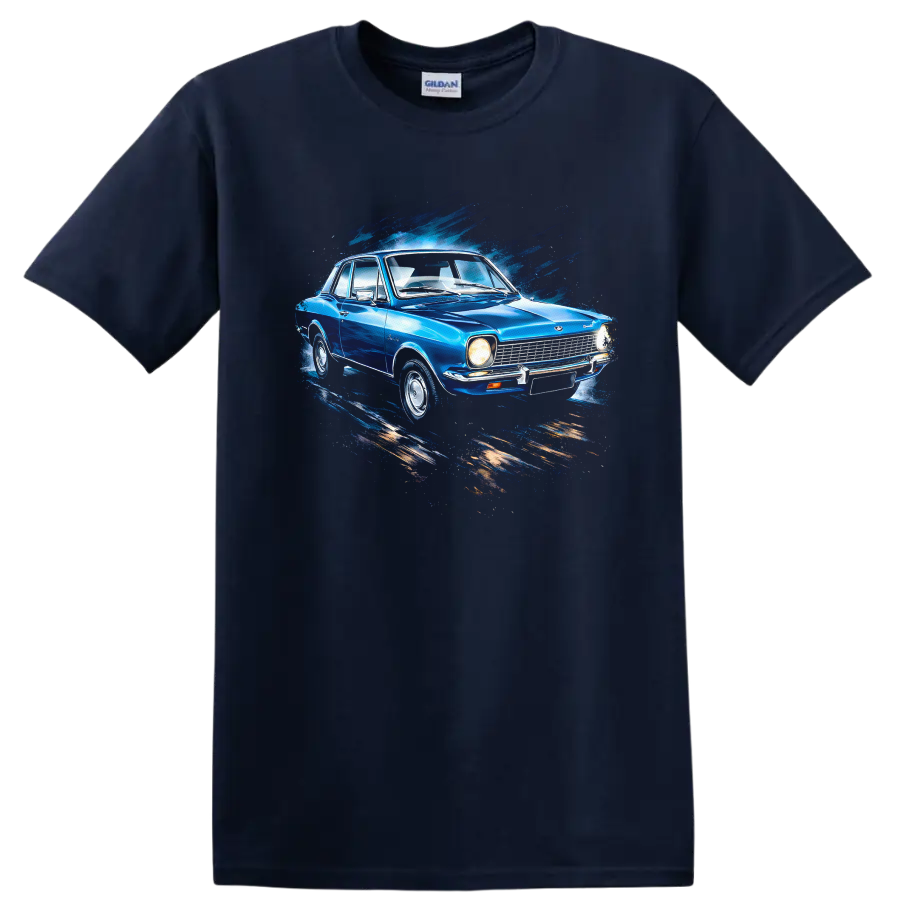 Blue Ford Corcel old car with splash art graphic print T shirt on a Navy (Blue) T Shirt