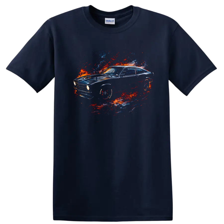 Vintage Ford Maverick car with fiery blue red graphic print on black T shirt on a Navy (Blue) T Shirt