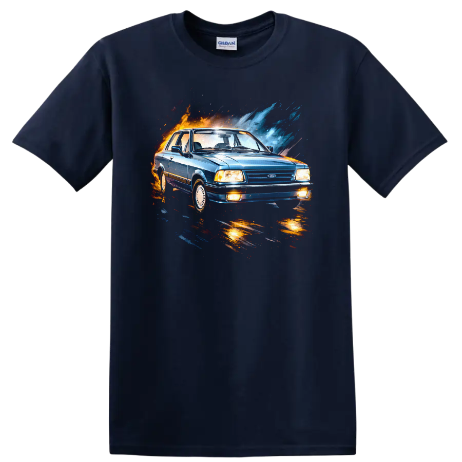 Blue Ford Del Rey classic car with orange and blue splash effects graphic print on a Navy (Blue) T Shirt