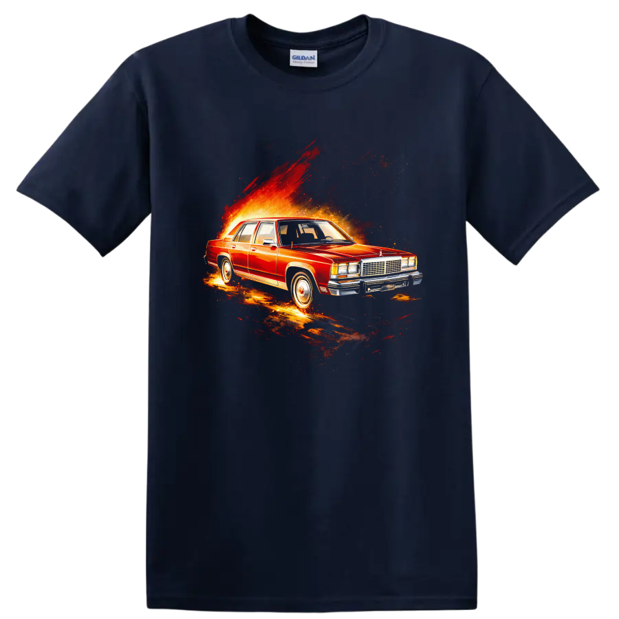 Red Ford LTD old car with fiery burst graphic print on a black T shirt on a Navy (Blue) T Shirt