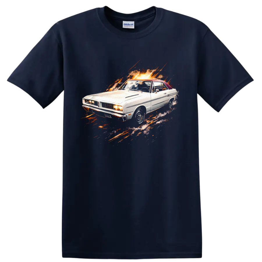 White Dodge Dart old car with fiery graphic burst on a black T-shirt on a Navy (Blue) T Shirt