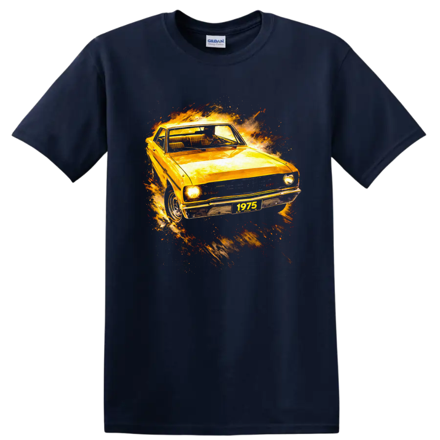 1975 Dodge Dart with fiery vintage car graphic print on T shirt on a Navy (Blue) T Shirt