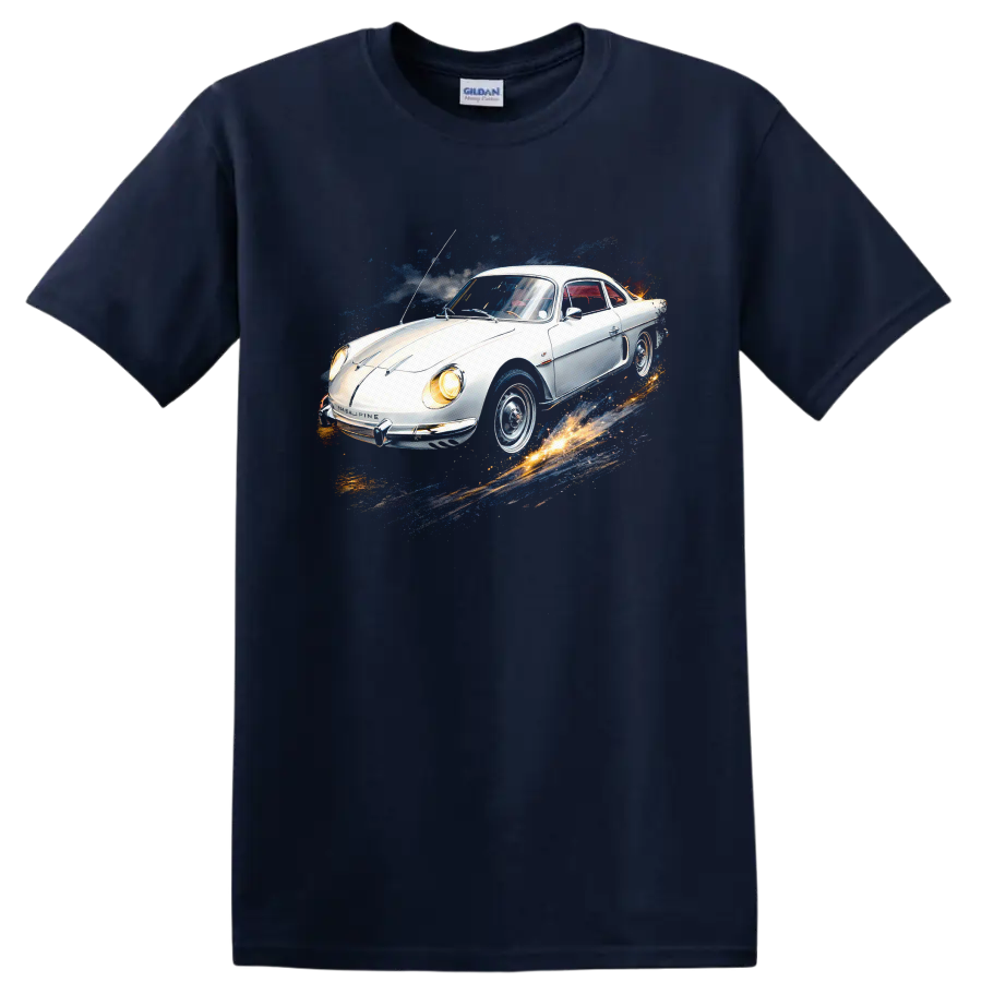 White Alpine A110 classic car with colorful splash graphic print on a Navy (Blue) T Shirt
