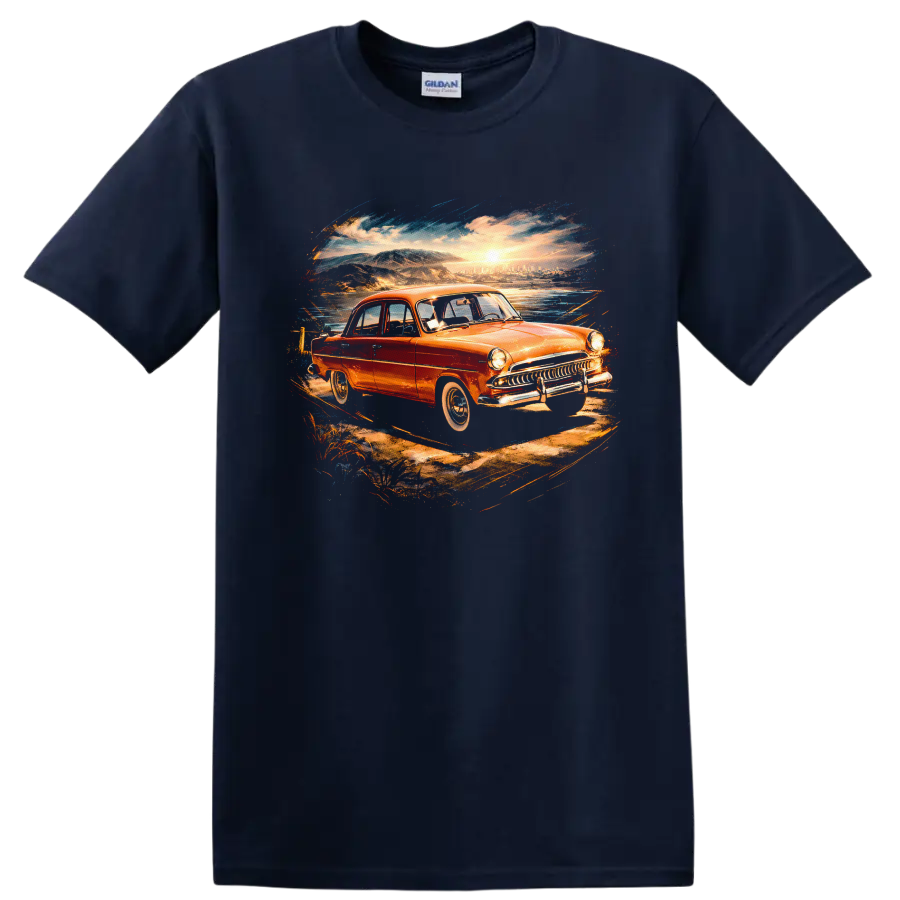 Aero-Willys 1962 old car sunset coastal graphic T shirt on a Navy (Blue) T Shirt