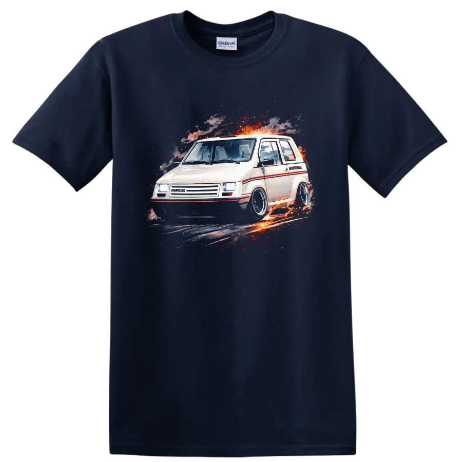 White Gurgel BR-800 old car with explosive retro graphic print on black T shirt on a Navy (Blue) T Shirt