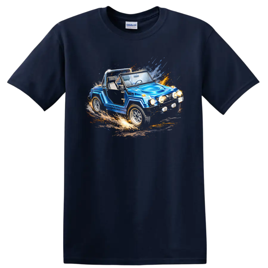 Blue Gurgel X12 off-road car graphic print with motion splash effects on a Navy (Blue) T Shirt
