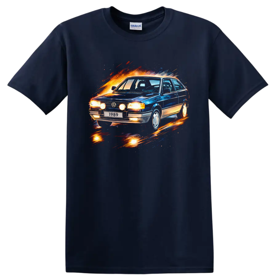 Vintage Volkswagen Gol car with fiery motion splash graphic print on T shirt on a Navy (Blue) T Shirt