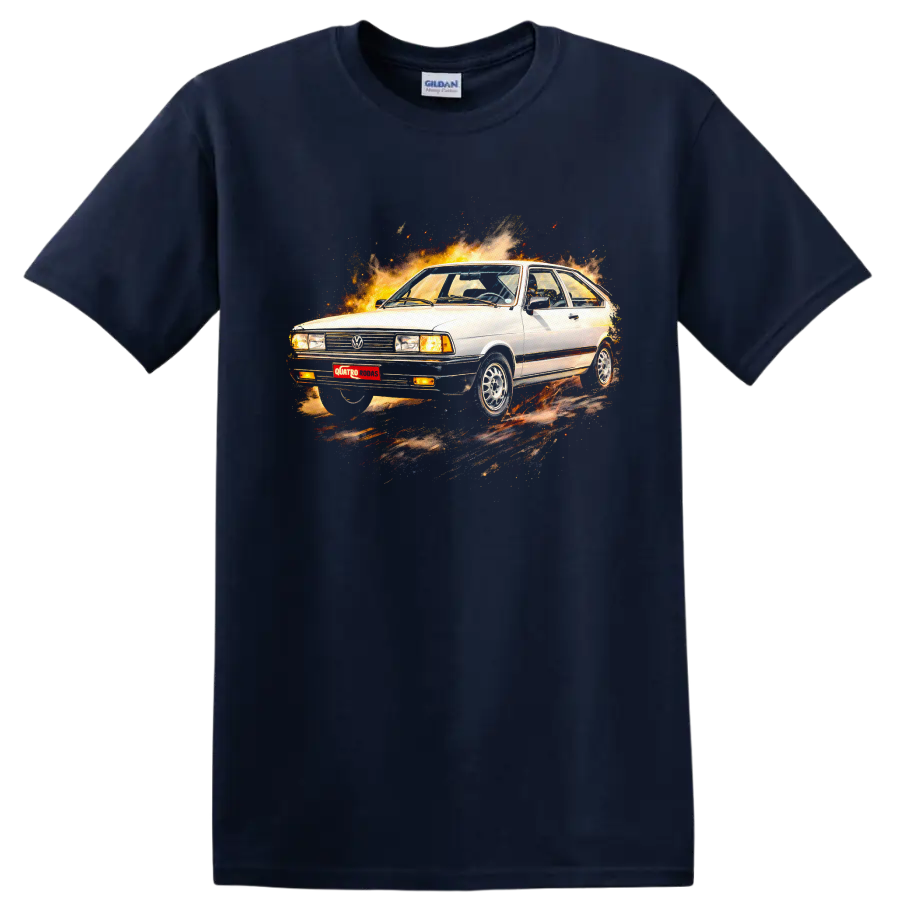 White Volkswagen Passat B1 surrounded by flames on a graphic print T-shirt on a Navy (Blue) T Shirt