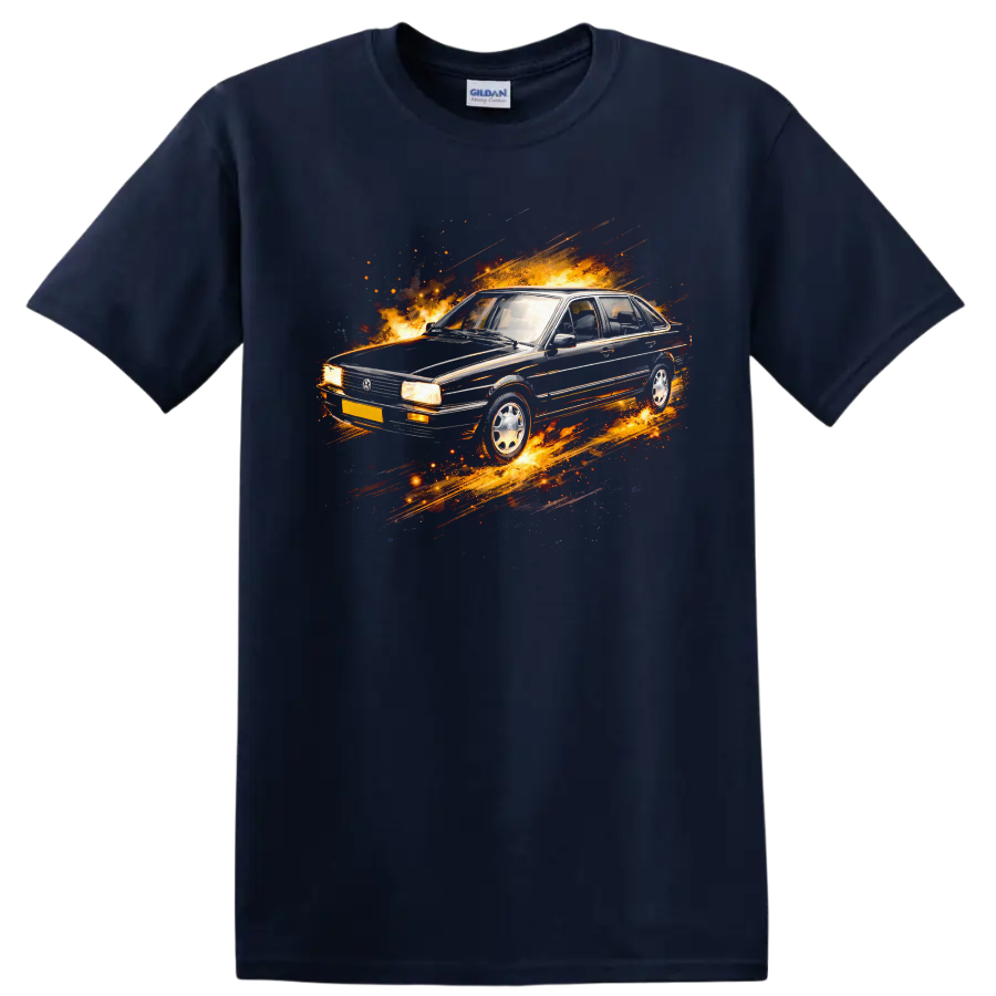 Volkswagen Santana old car with flames and motion streaks graphic print on T shirt on a Navy (Blue) T Shirt