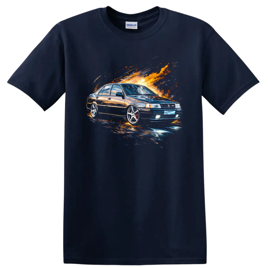 Nissan Cefiro A31 drifting car graphic with fiery splash artwork on T shirt on a Navy (Blue) T Shirt