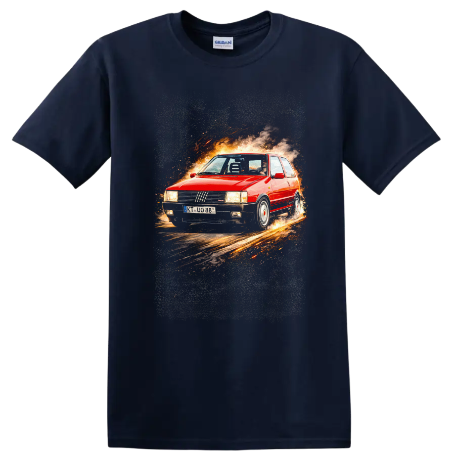 Red Fiat Uno Turbo i.e. MK1 graphic print with fiery smoke and sparks on a Navy (Blue) T Shirt
